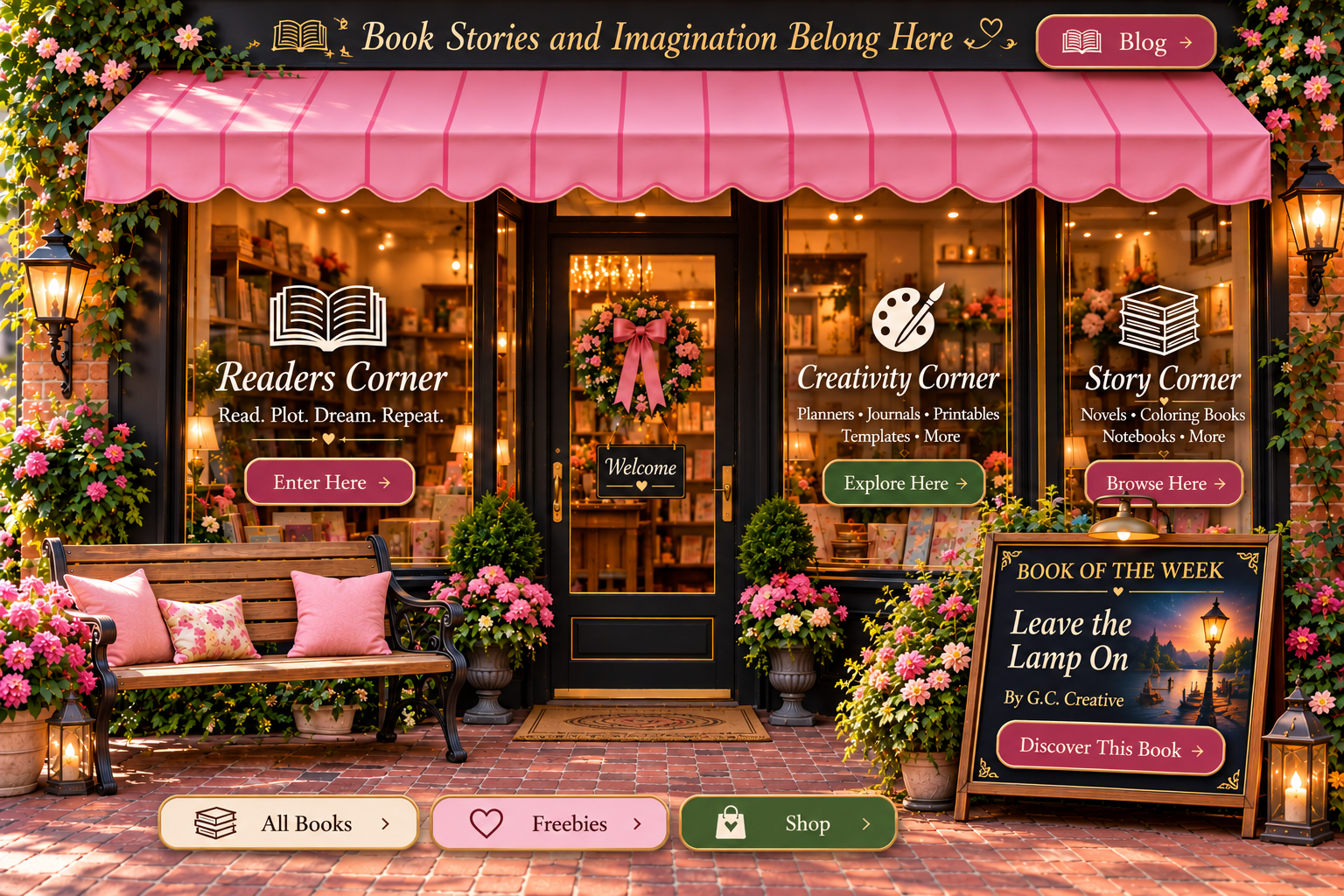 G.C. Creative Books & More storefront with blank pink awning, bench, flowers, brick walkway and clickable window signs